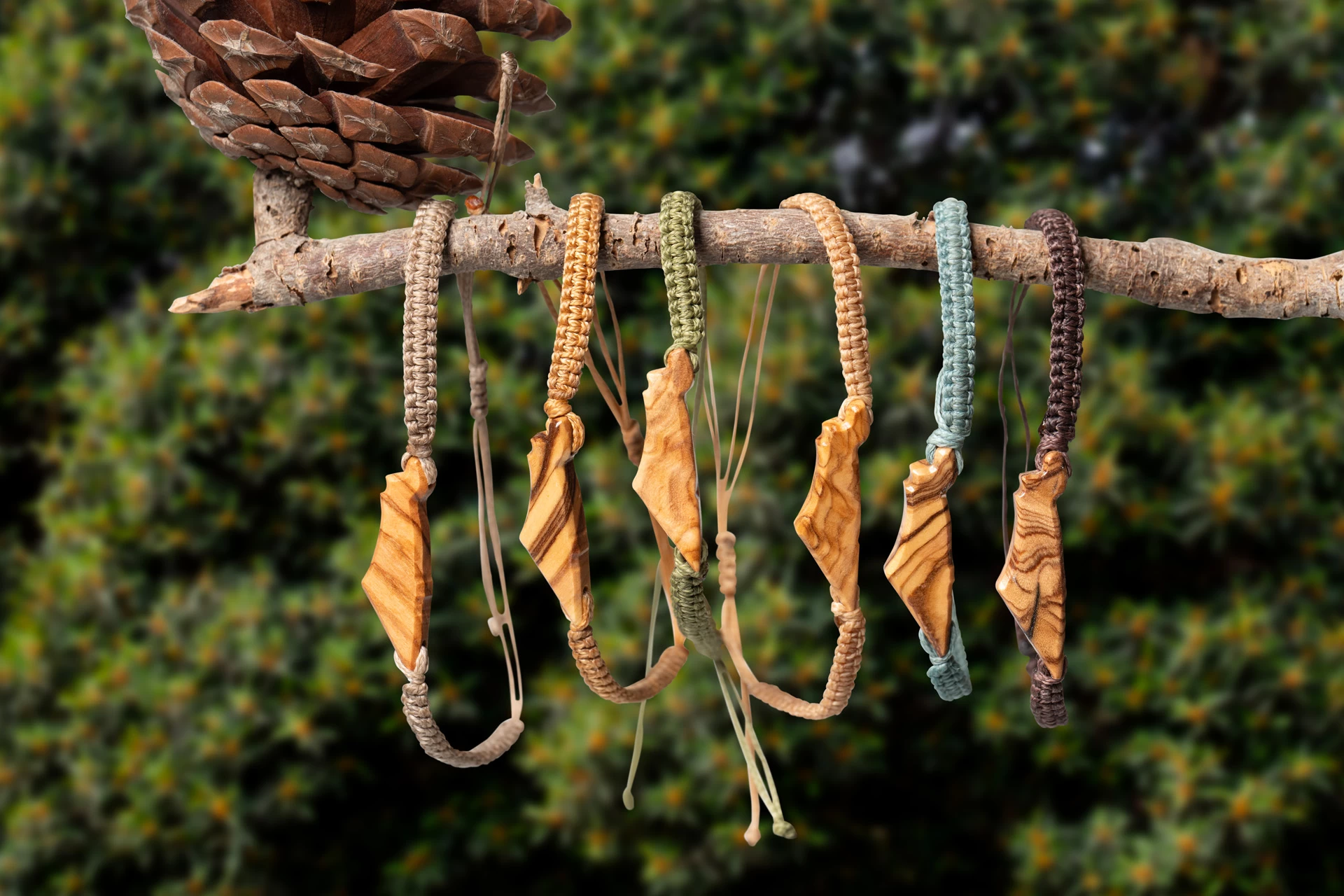 צילום מספר צמידים על ענף של עץ אשוח ושתילת רקע